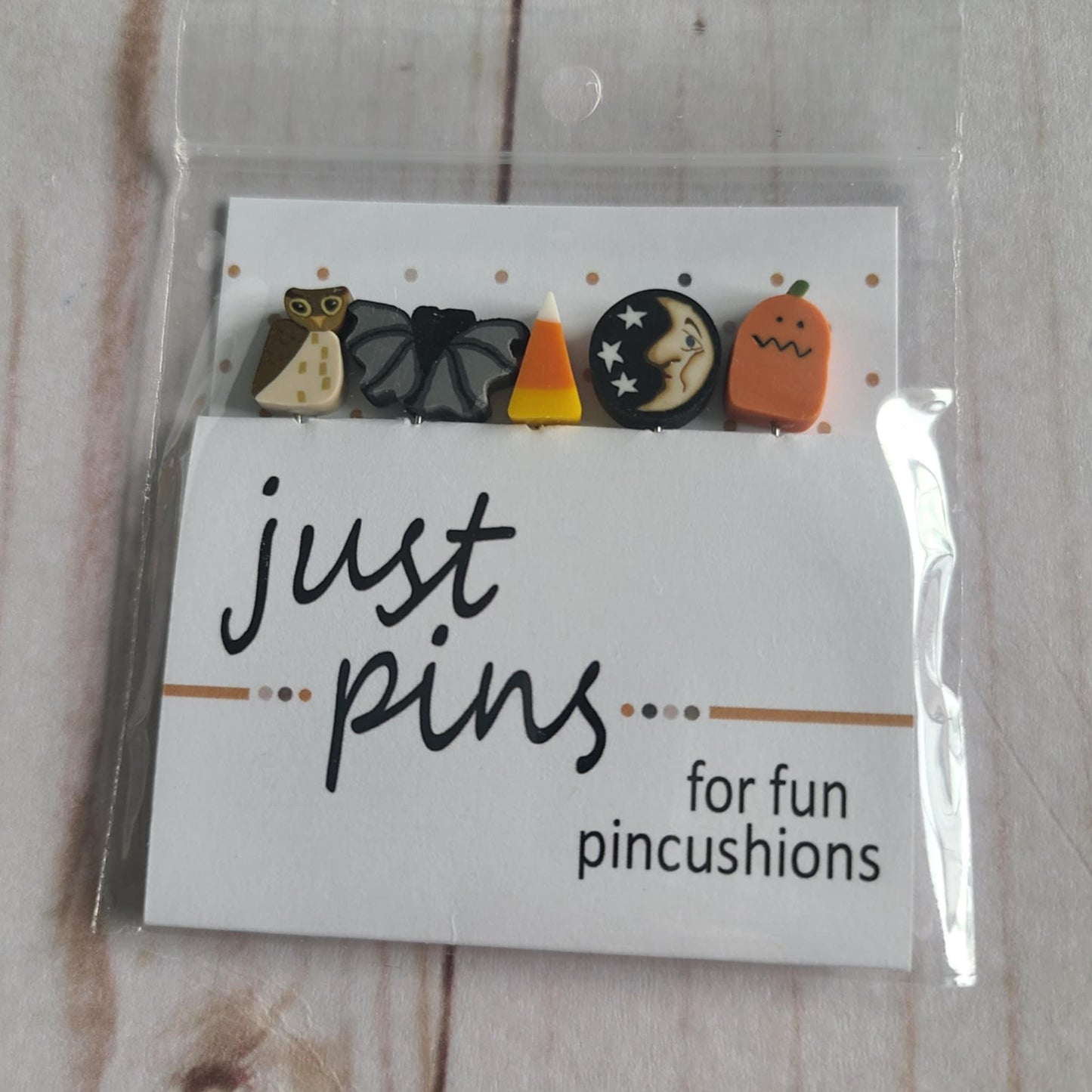 Just Another Button Company Just Pins Halloween Assortment owl, bat, candy corn, moon, pumpkin