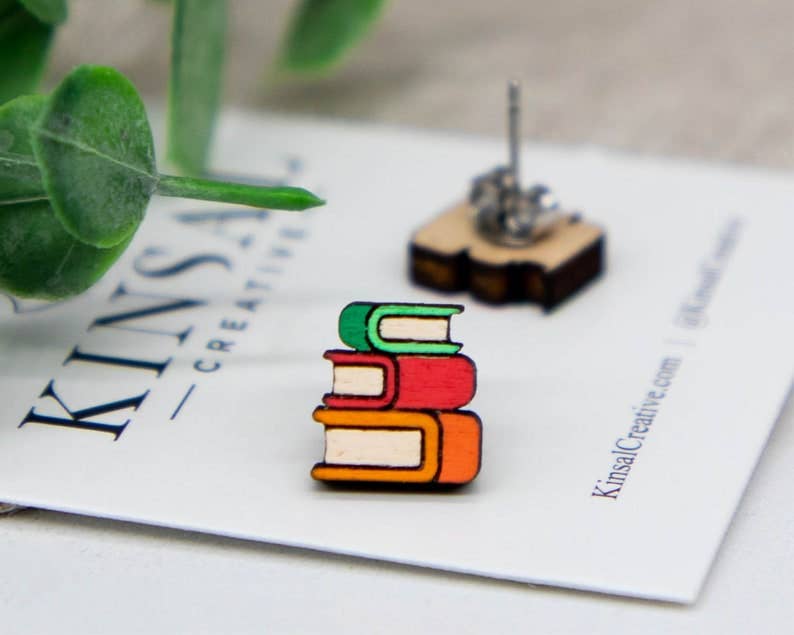 Books Wood Stud Earrings