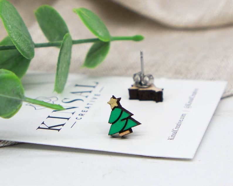 Christmas Tree Wood Stud Earrings