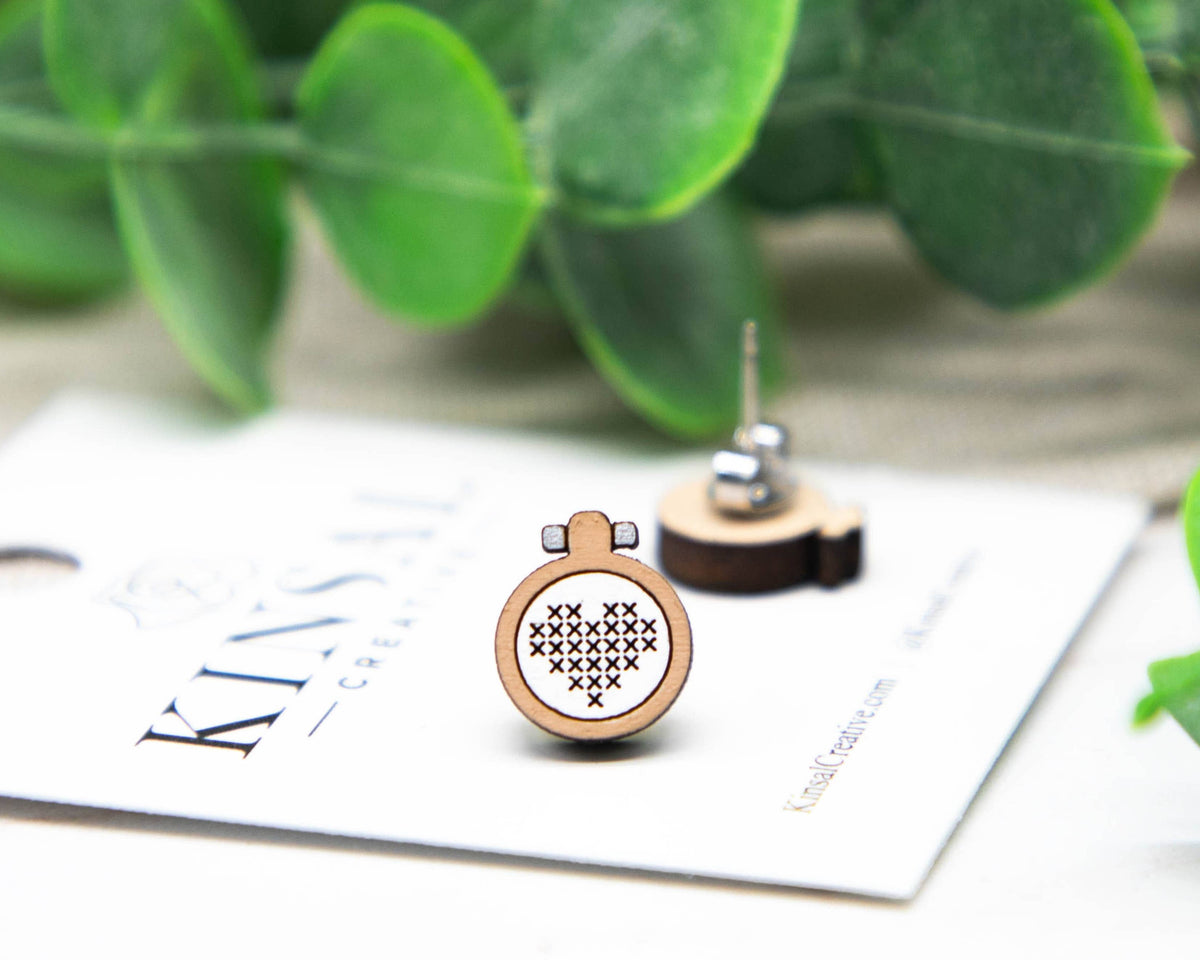 Cross Stitch Wood Stud Earrings