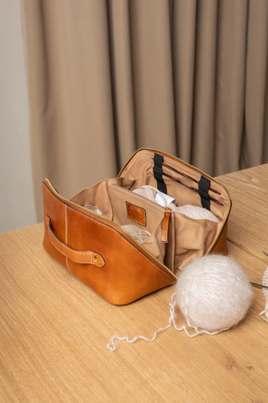 Project 9 redesigned bag Knitting bag burned tan