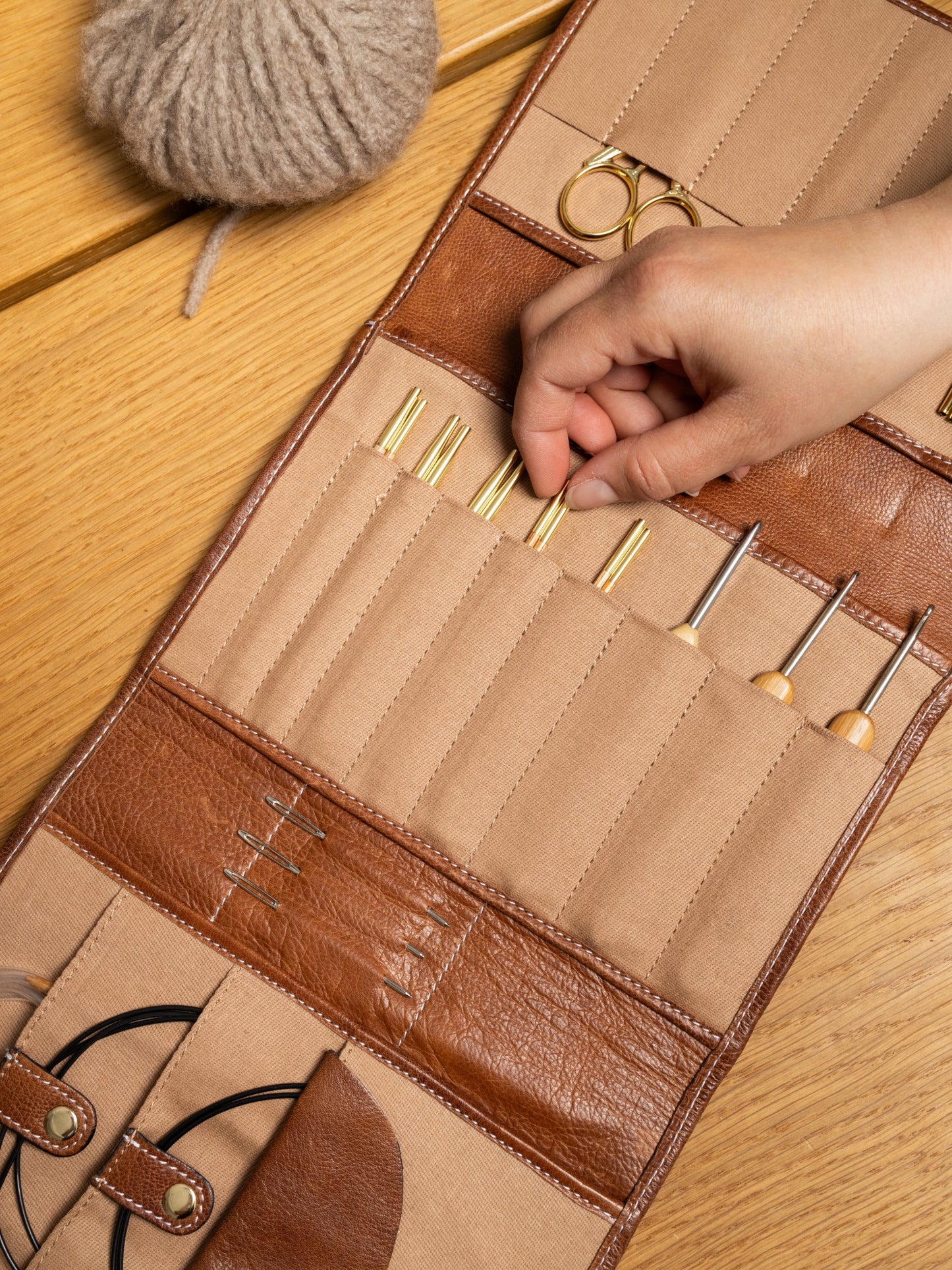 Project 14 walnut gold redesigned xl needle case Knitting bag