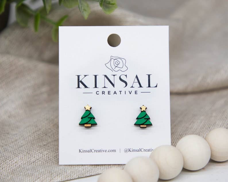 Christmas Tree Wood Stud Earrings