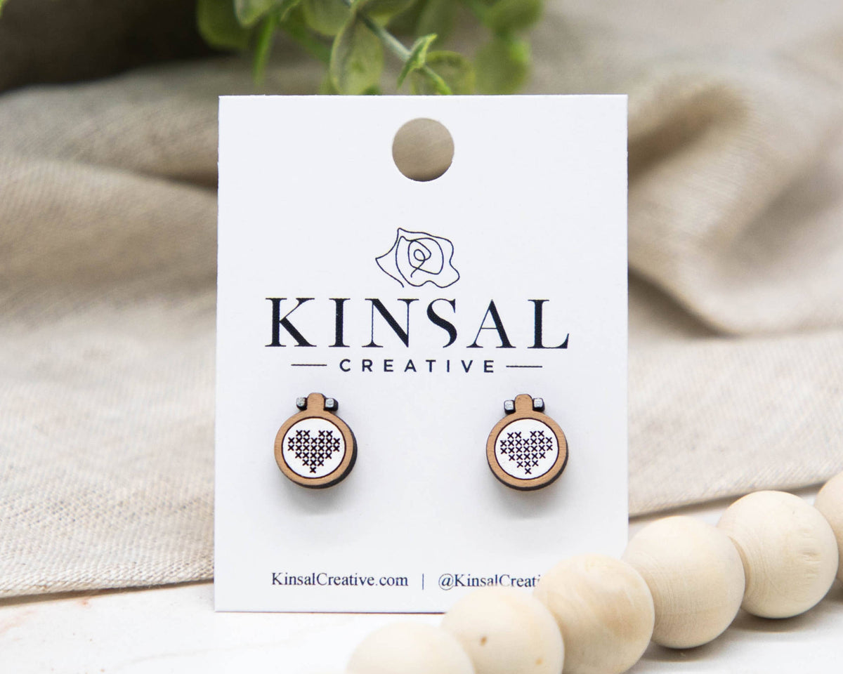 Cross Stitch Wood Stud Earrings