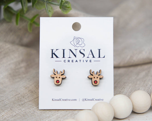Rudolph Reindeer Wood Stud Earrings