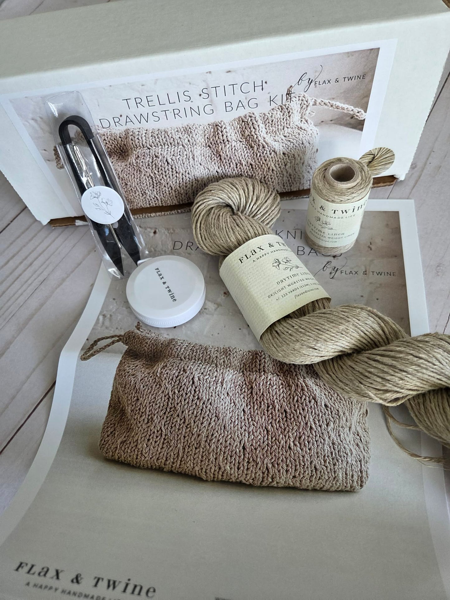 Flax & Twine Trellis Stitch Drawstring Bag Kit - Stone