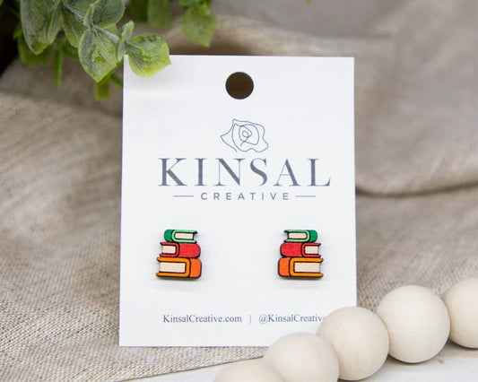 Books Wood Stud Earrings