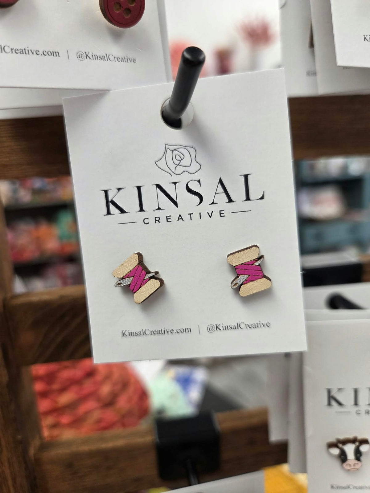 Sewing Thread Wood Stud Earrings: Fuchsia