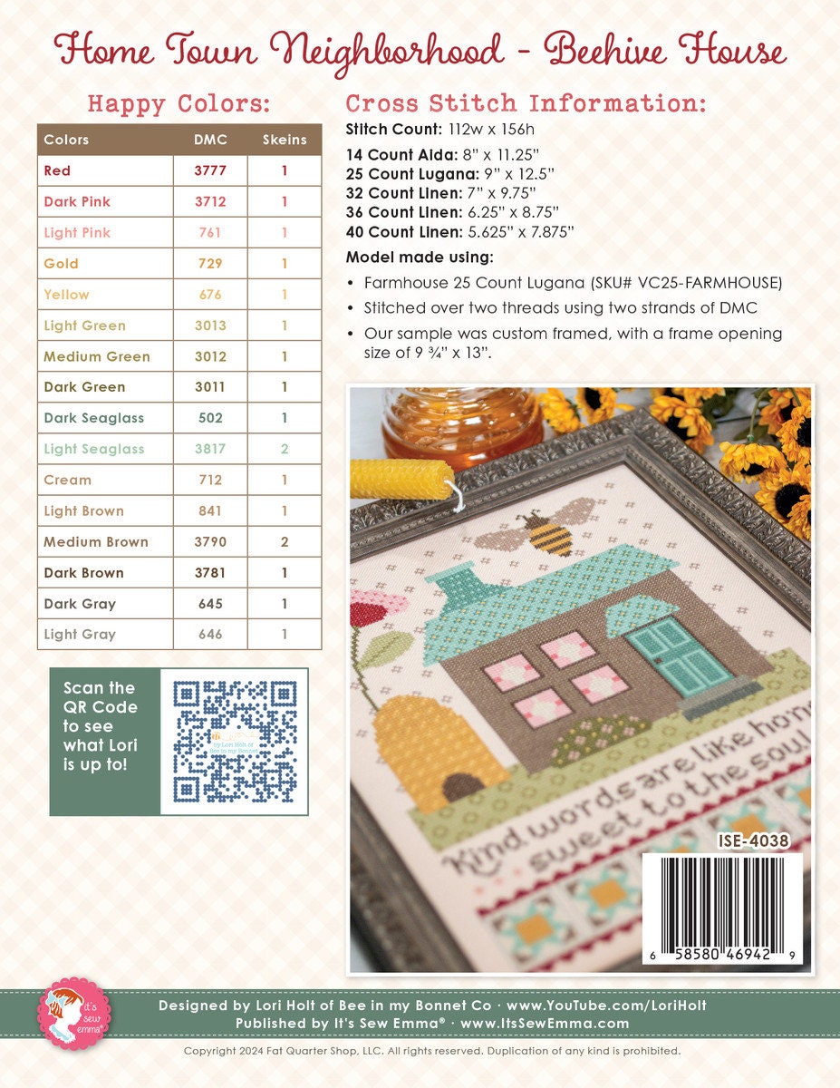 It's Sew Emma Home Town Neighborhood Beehive House Cross Stitch Pattern by Lori Holt