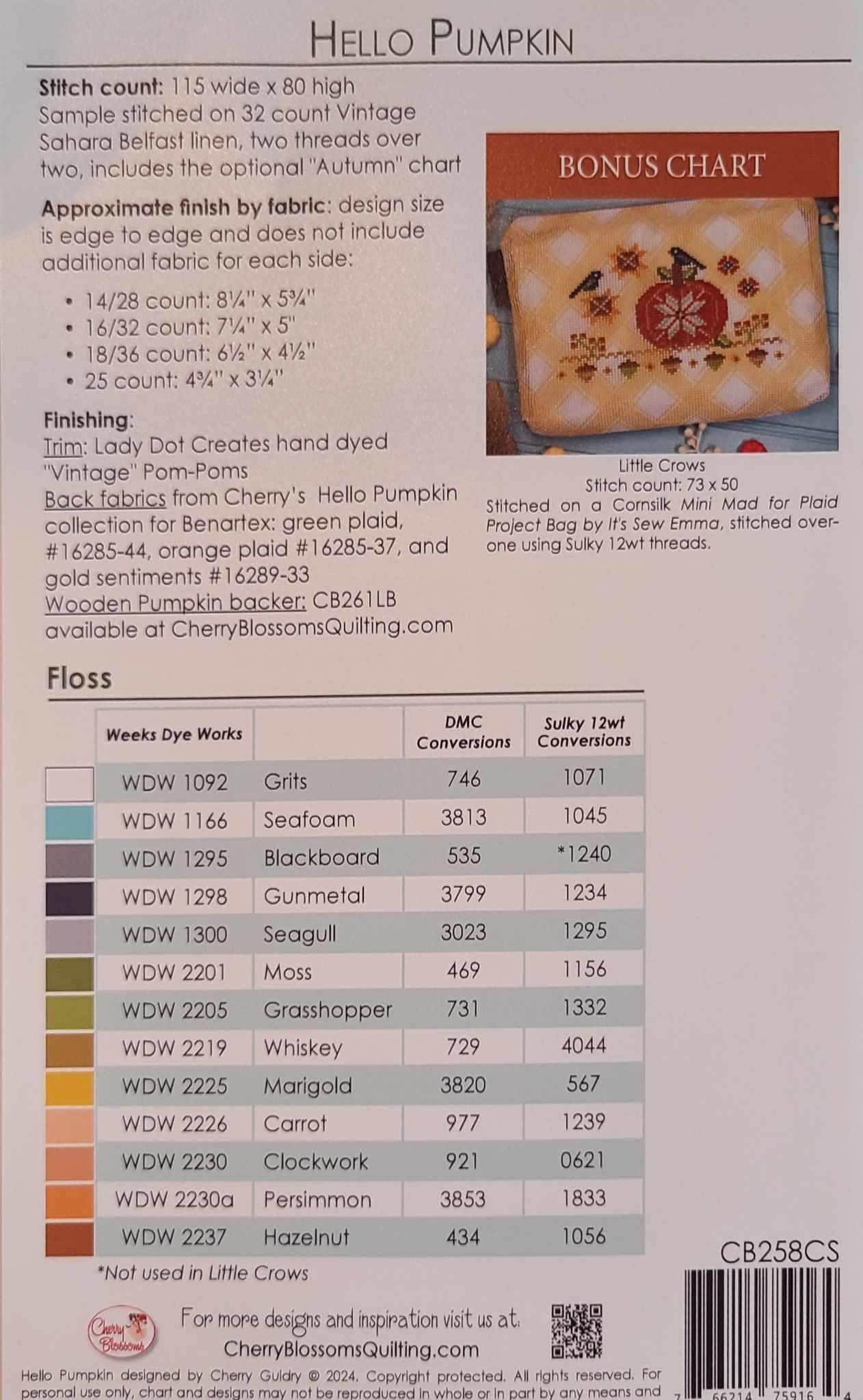 Hello Pumpkin cross stitch chart from Cherry Blossoms with Bonus Chart