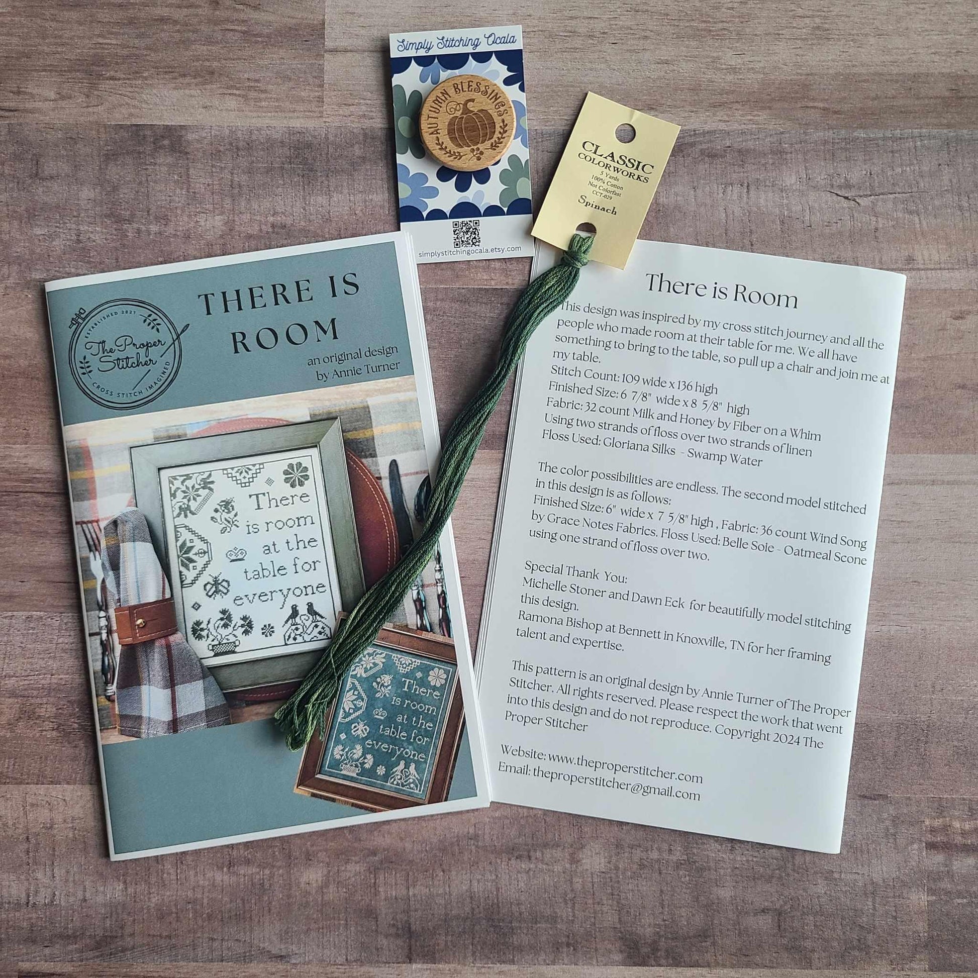 Annie The Proper Stitcher We Gather Together Pattern, with Spinach Classic Colorworks floss conversion, and Autumn Blessings Needle Minder