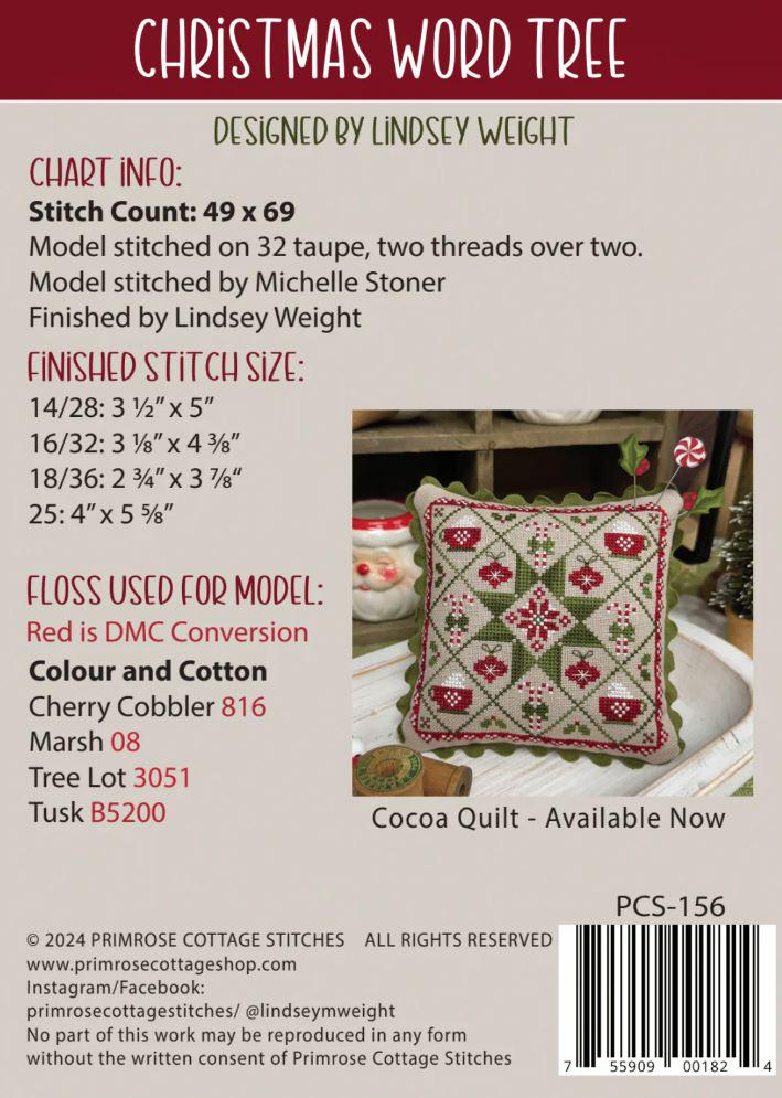 Christmas Word Tree - Primrose Cottage - Cross Stitch Chart - Pattern Only