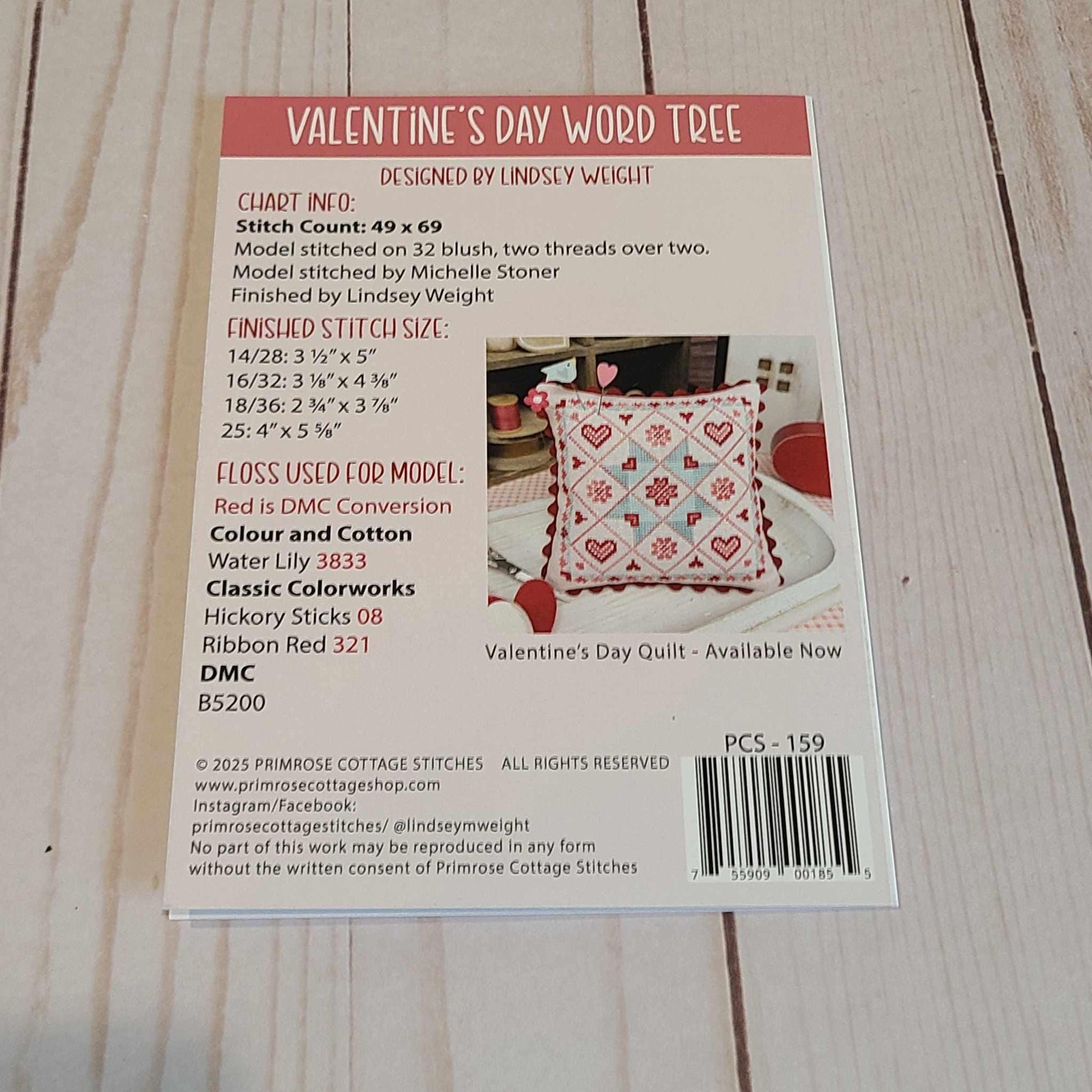Primrose Cottage Valentine's Day Word Tree Pattern with DMC floss