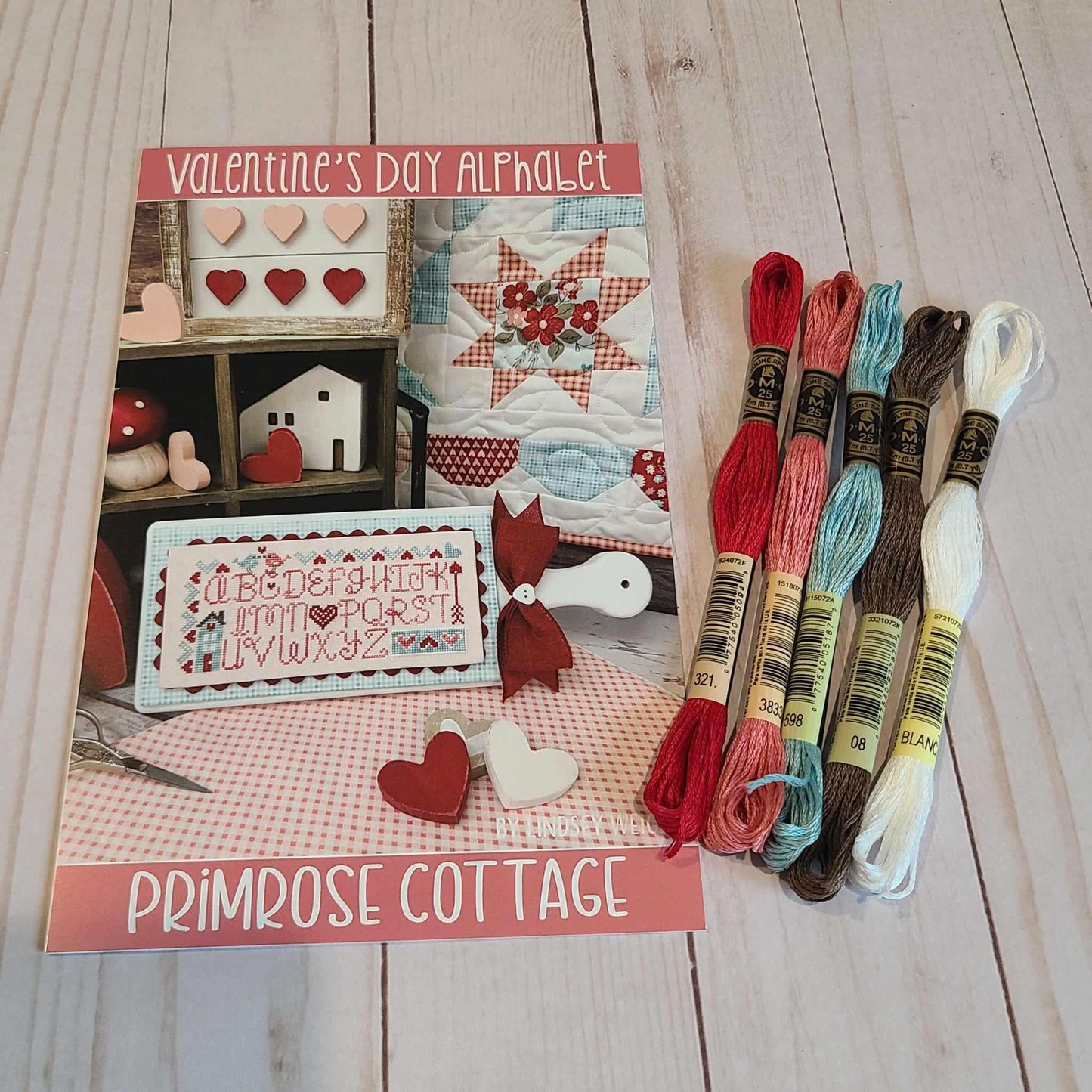 Primrose Cottage Valentine's Day Alphabet Pattern with DMC floss