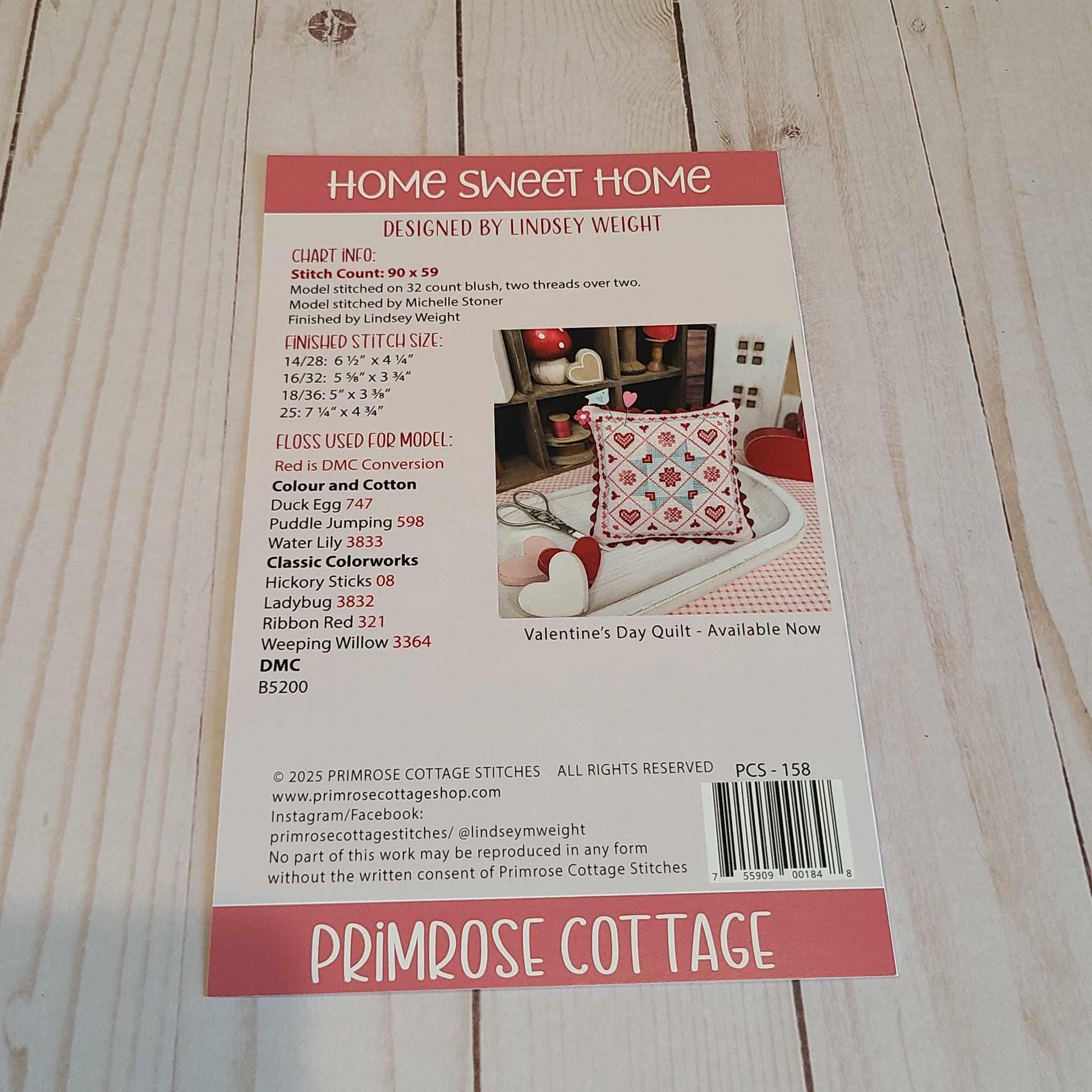 Primrose Cottage Valentine's Day Home Sweet Home Pattern with DMC floss