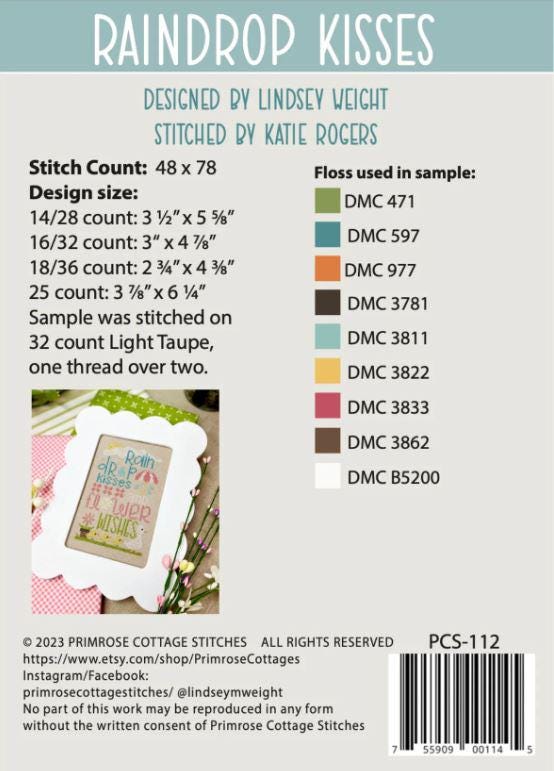 Raindrop Kisses Cross Stitch Pattern Primrose Cottage