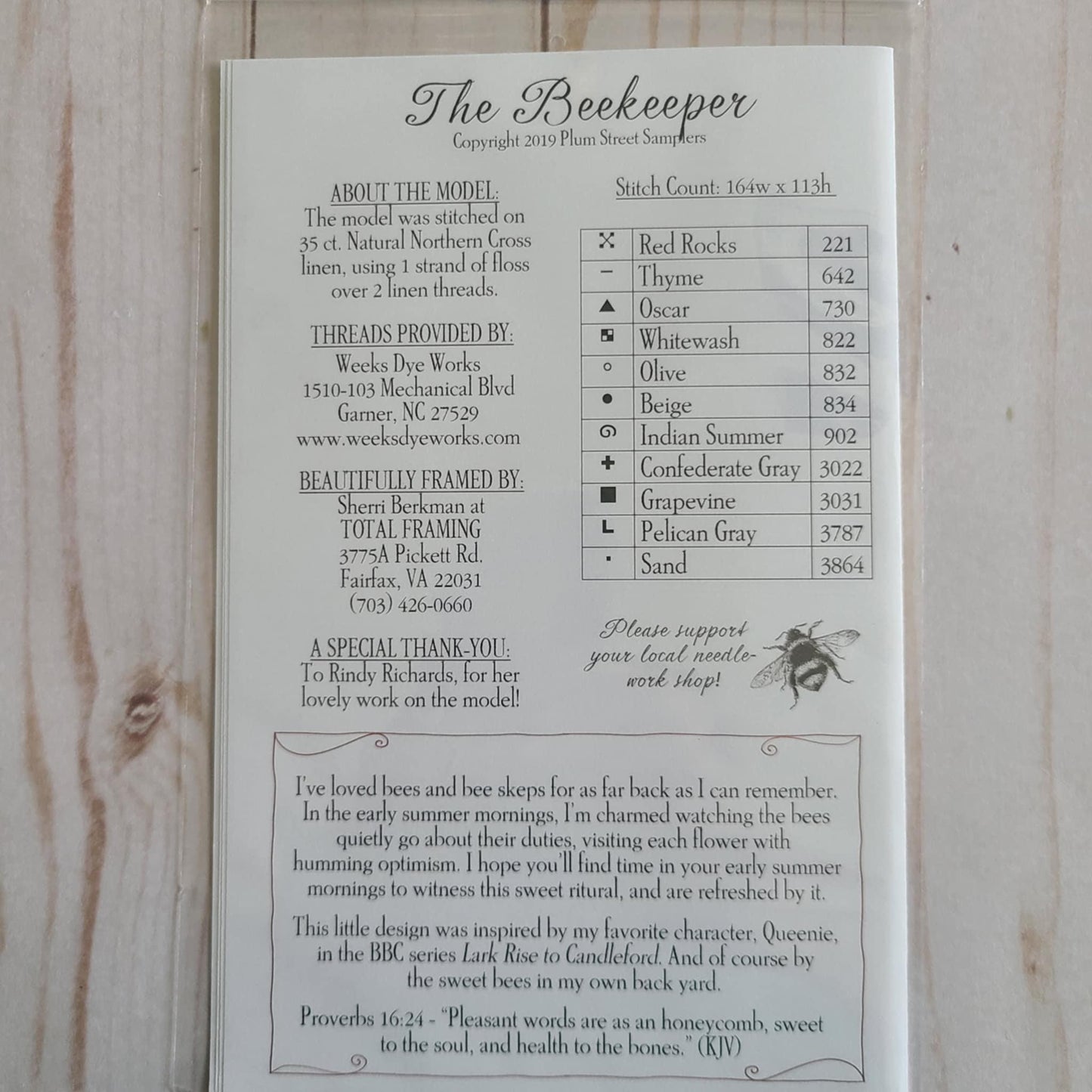 The Beekeeper Cross stitch chart from Plum Street Samplers