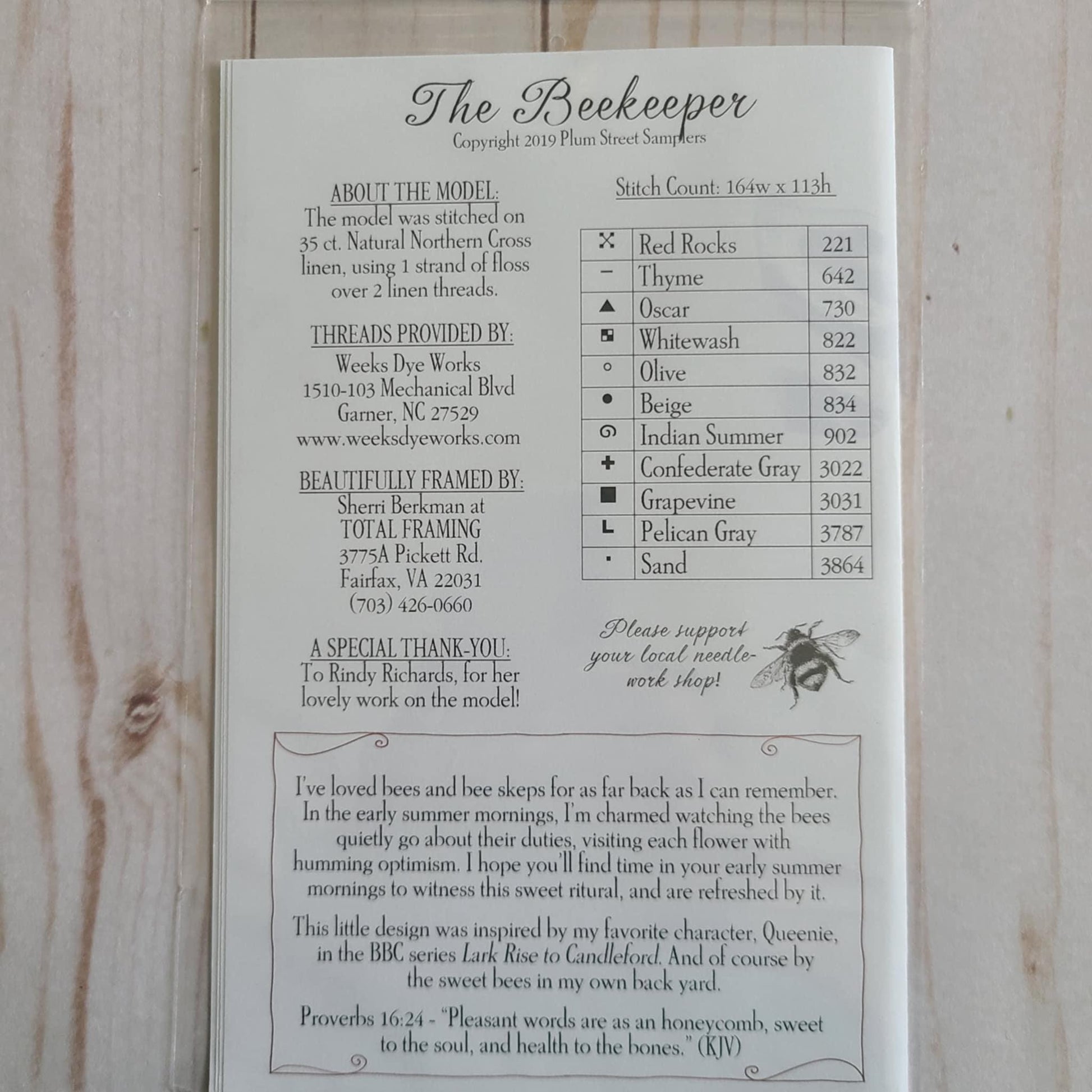 The Beekeeper Cross stitch chart from Plum Street Samplers
