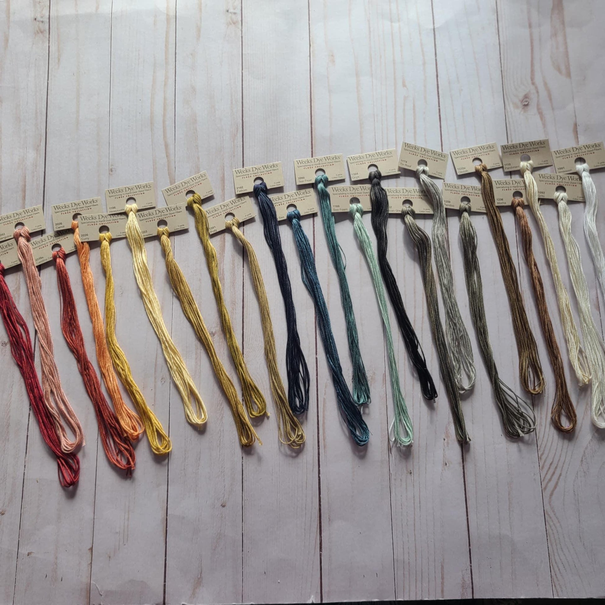 Stash Builder Floss pack featuring Weeks Dye Works Hand Dyed threads Lancaster Red, putty, fathom, sea foam, pelican grey, sanguine 22 total