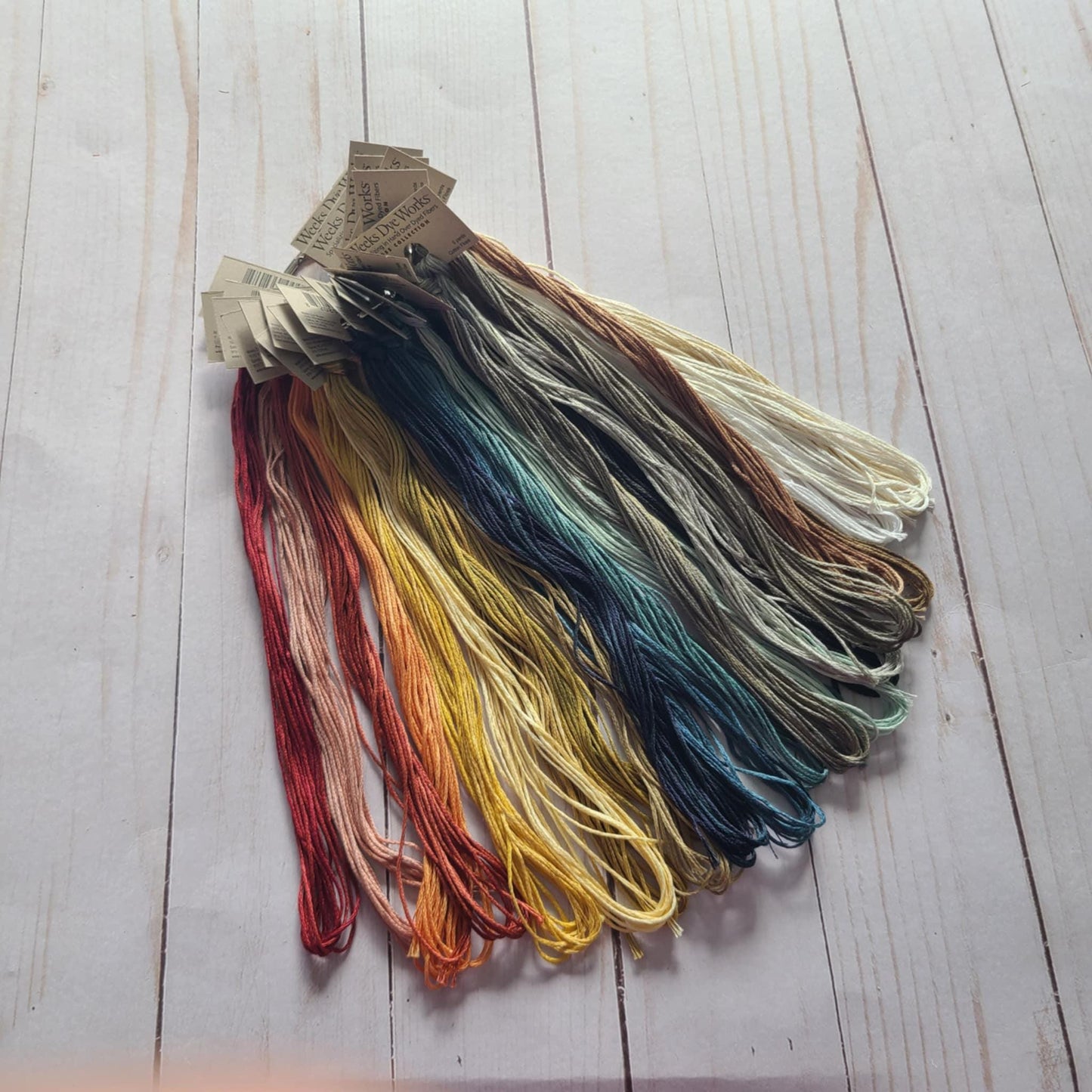 Stash Builder Floss pack featuring Weeks Dye Works Hand Dyed threads Lancaster Red, putty, fathom, sea foam, pelican grey, sanguine 22 total
