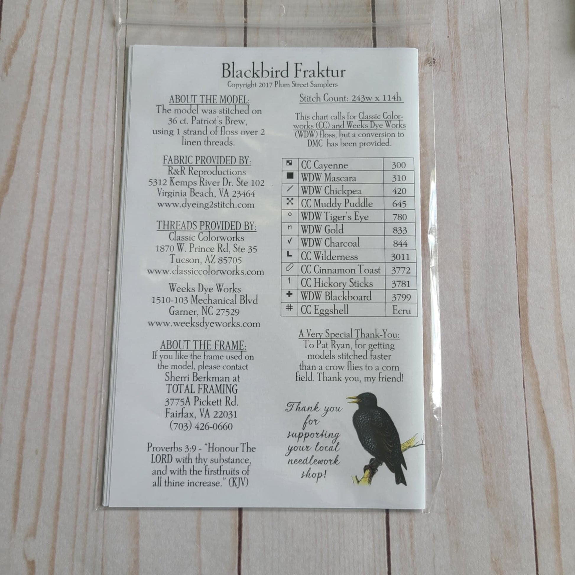 Blackbird Fraktur Cross stitch chart from Plum Street Samplers
