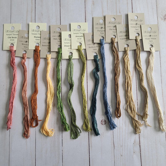 Stash Builder Floss pack featuring Gentle Art overdyed threads, woodrose, brethren blue, putty