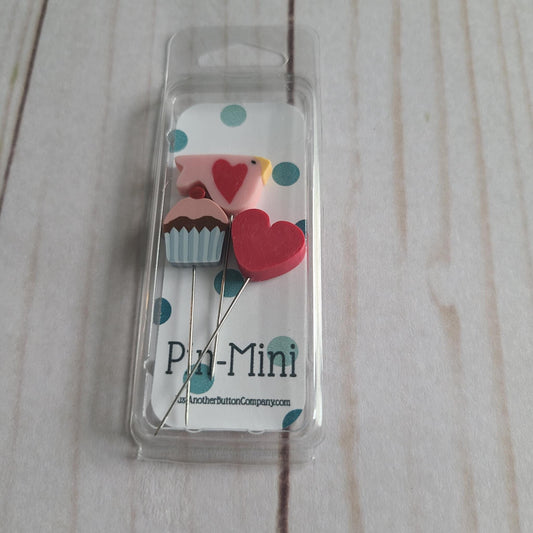 Just Another Button Company Pin-Mini Sweetheart cupcake, heart, bird valentine
