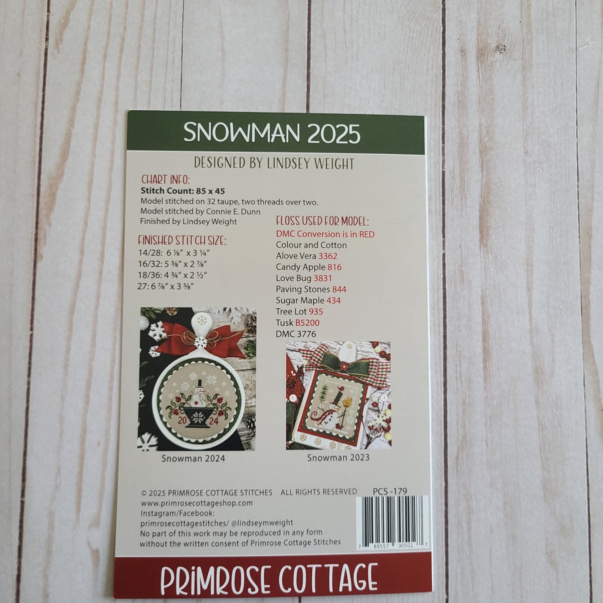 Snowman 2025 Cross Stitch by Lindsey Weight of Primrose Cottage - Paper Pattern