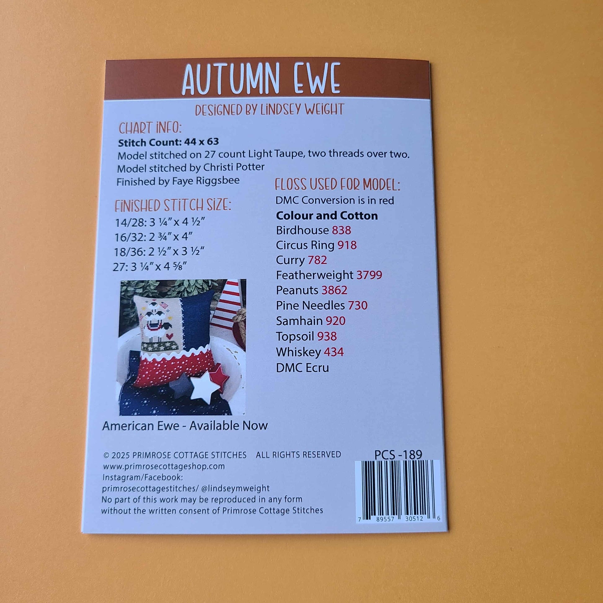 Autumn Ewe Cross Stitch by Lindsey Weight of Primrose Cottage - Paper Pattern