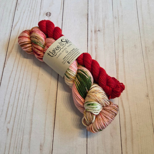 DK weight Mrs. Claus sock set, Hand-Dyed Yarn, Three by the Sea Designs, Sock Weight Yarn, Destin Base, Variegated Yarn