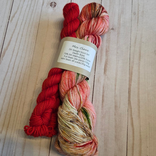 DK weight Mrs. Claus sock set, Hand-Dyed Yarn, Three by the Sea Designs, Sock Weight Yarn, Destin Base, Variegated Yarn