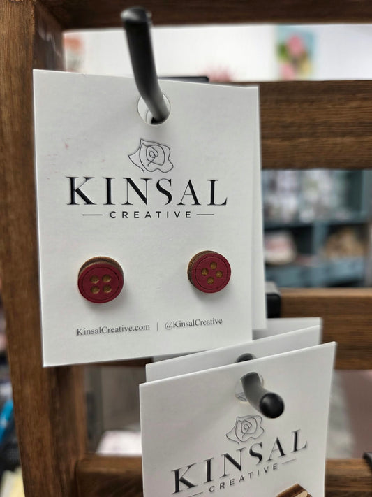 Button Customizable Wood Stud Earrings: Dark Red