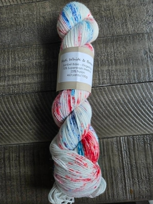 Red, White & Boom Fingering sock yarn by Three By the Sea Designs 463yards